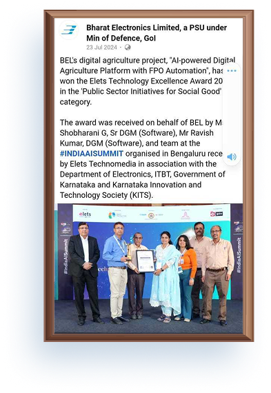 BEL team receiving award for BE-AgSmart digital agriculture platform